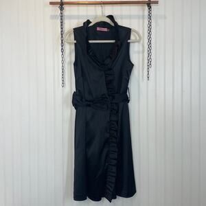Eliza J Ruffled Black Satin Belted Midi Wrap Dress Size 10